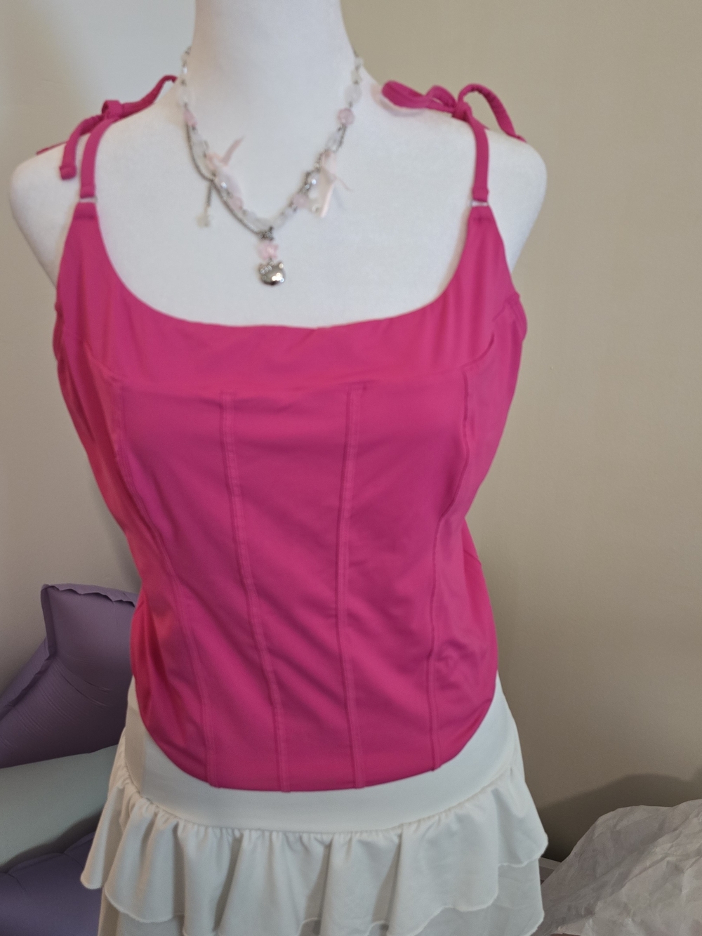 Gilly Hicks Hot Pink Corset Top Tie Shoulder Boning Barbiecore XL Curvy Rare